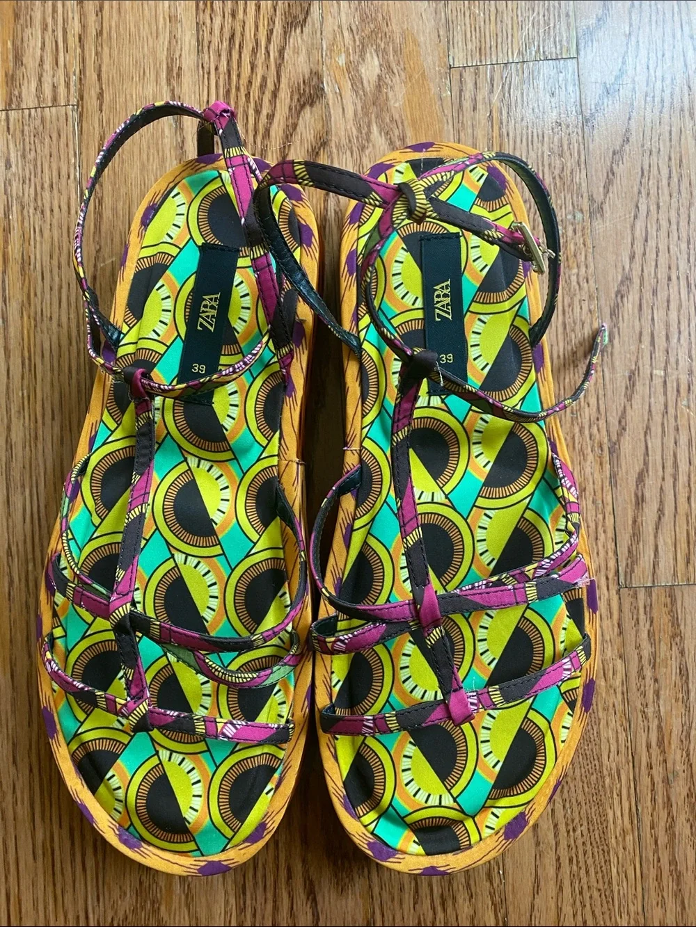 Zara Multicolor Patterned Platform Sandals (Green, Yellow, Orange, Purple)